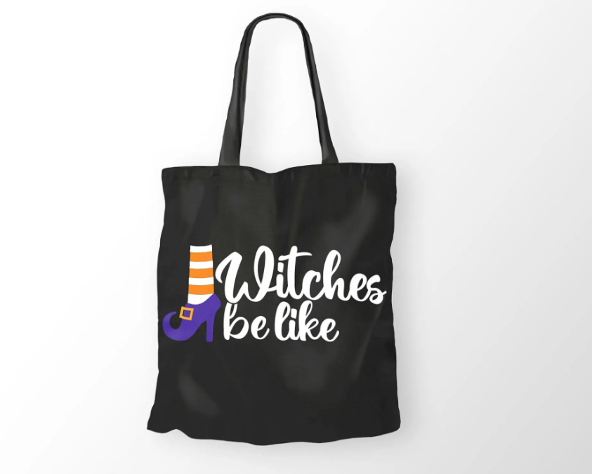 Πάνινη μαύρη τσάντα Halloween με παπούτσι μάγισσας και φράση